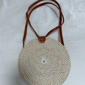 Round Woven Crossbody Bag with Tan Leather Strap